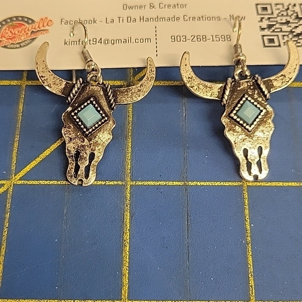 Bull Cow Skull Silver Tone Turquoise Faux 1 1/2" Earrings